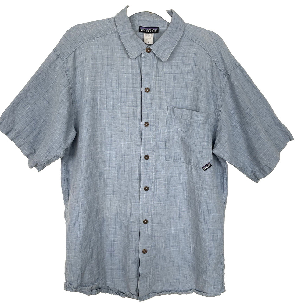 Patagonia 100% Hemp Shirt Men's Size Medium Blue Plaid Outdoor Business Casual